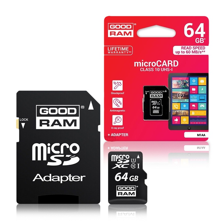 Карта памет GoodRam Class 10 + Adapter, 64GB, черен