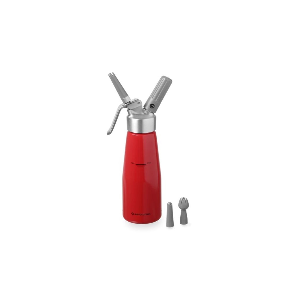 Aparat / sifon frisca, 0,5 litri, rosu, corp aluminiu, Revolution by Hendi, include 3 duze si perie curatare, ø 80 x 260 mm