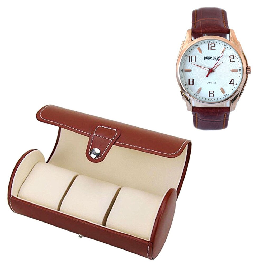 Pachet cutie caseta depozitare si transport din piele ecologica pentru 3 ceasuri + 1 ceas barbatesc elegant DEEP RED, curea maro, Pufo