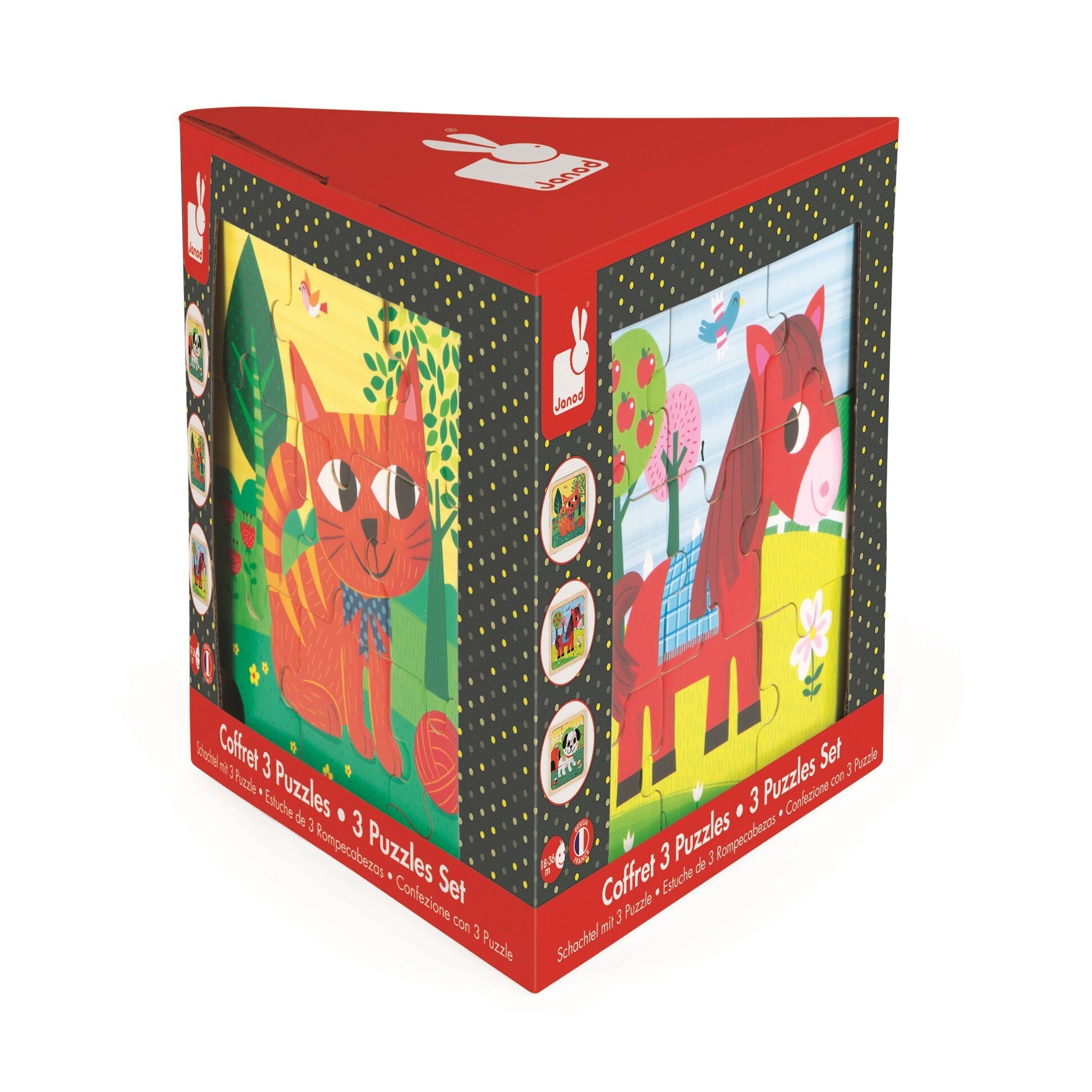 Set 3 puzzle din lemn Janod Ponei, Catel, Pisica