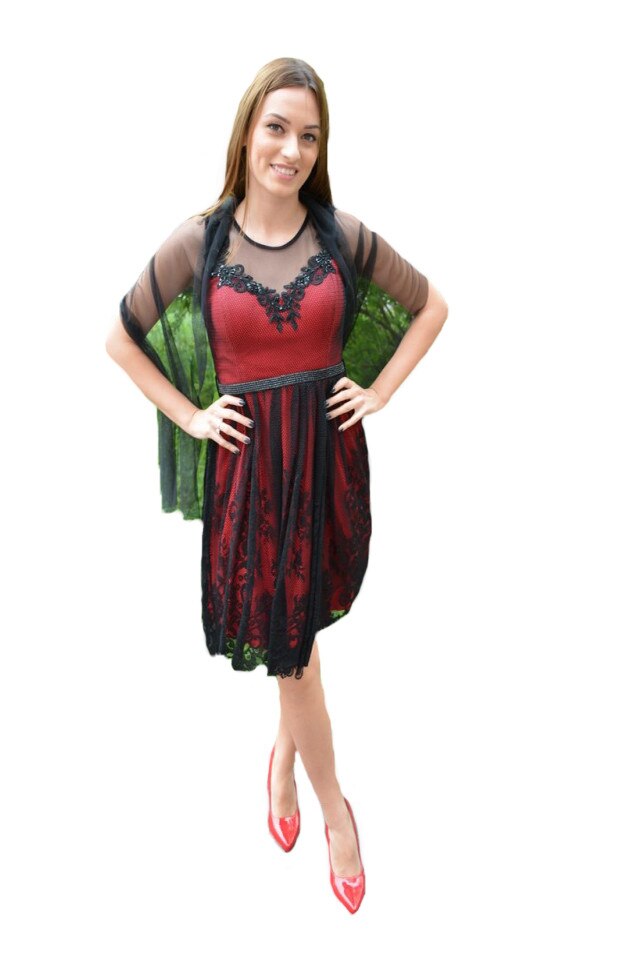 Rochie vaporoasa de ocazie,design dantelat, D&J Exclusive, negru-rosu