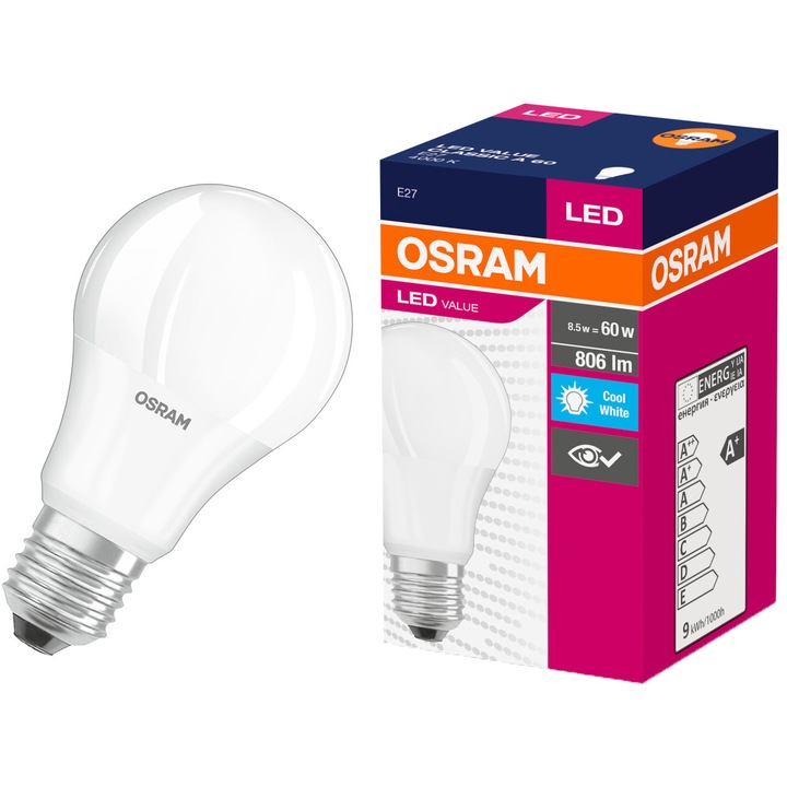 Bec LED Osram, E27, 8.5W (60W), 806 lm, lumina neutra (4000K), clasa energetica F