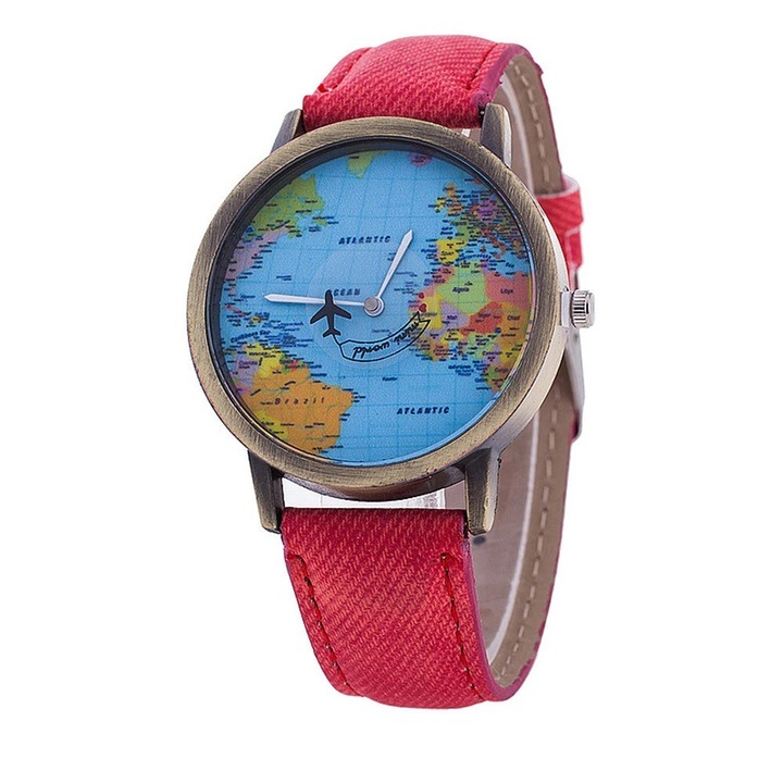 Ceas harta glob pamantesc, Secundar avion, Piele ecologica, Quartz, Analogic, curea rosie, unisex rosu