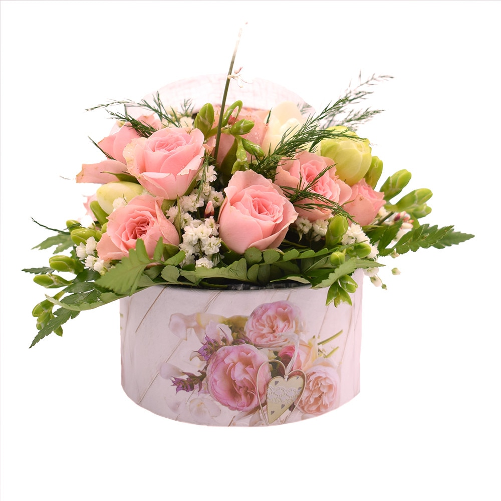 Aranjament de Frezii si Miniroze in Cutie Rotunda