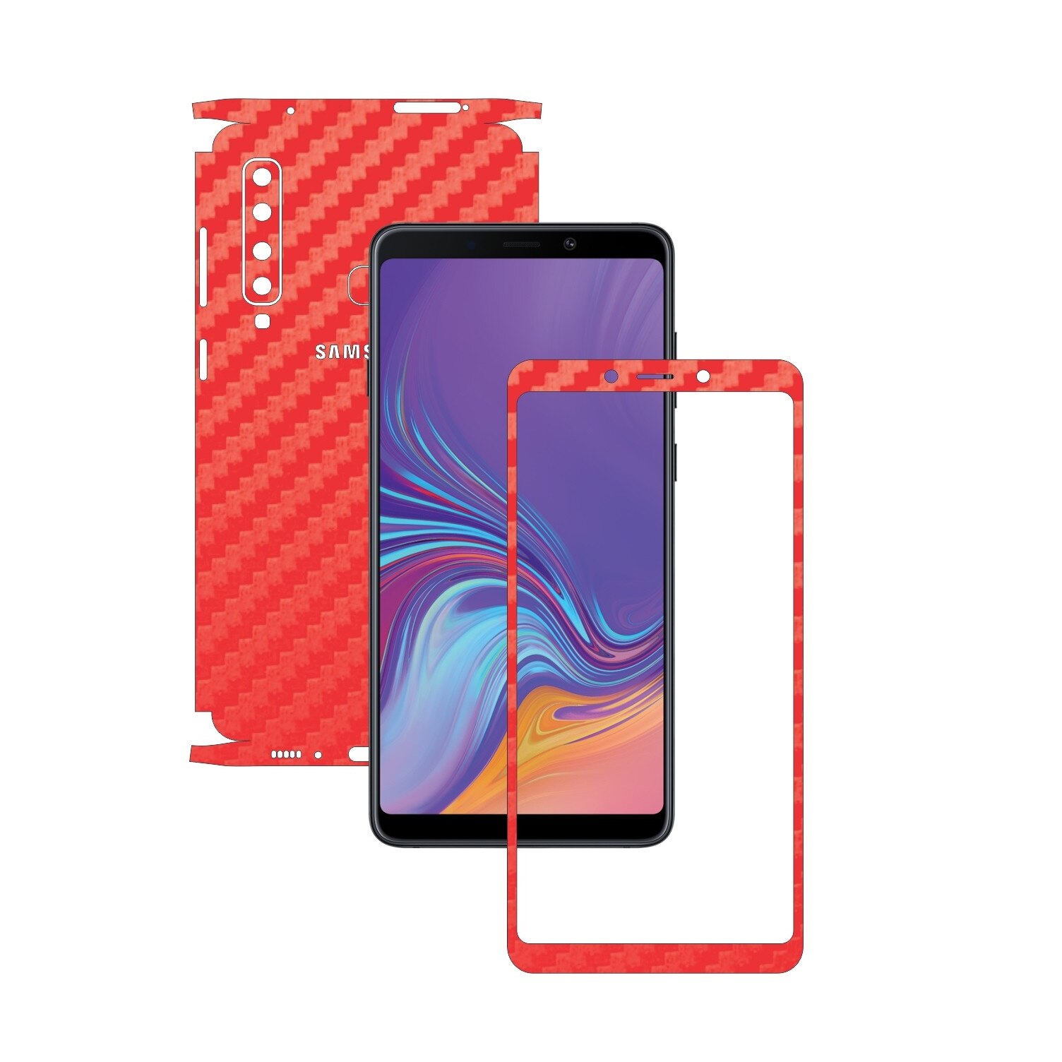 Samsung Galaxy A9 (2018) - Carbon Rosu - 360 Cut - Folie de protectie Carbon Skinz, Skin Adeziv Full Body Cover pentru Rama Ecran,Carcasa Spate si Laterale