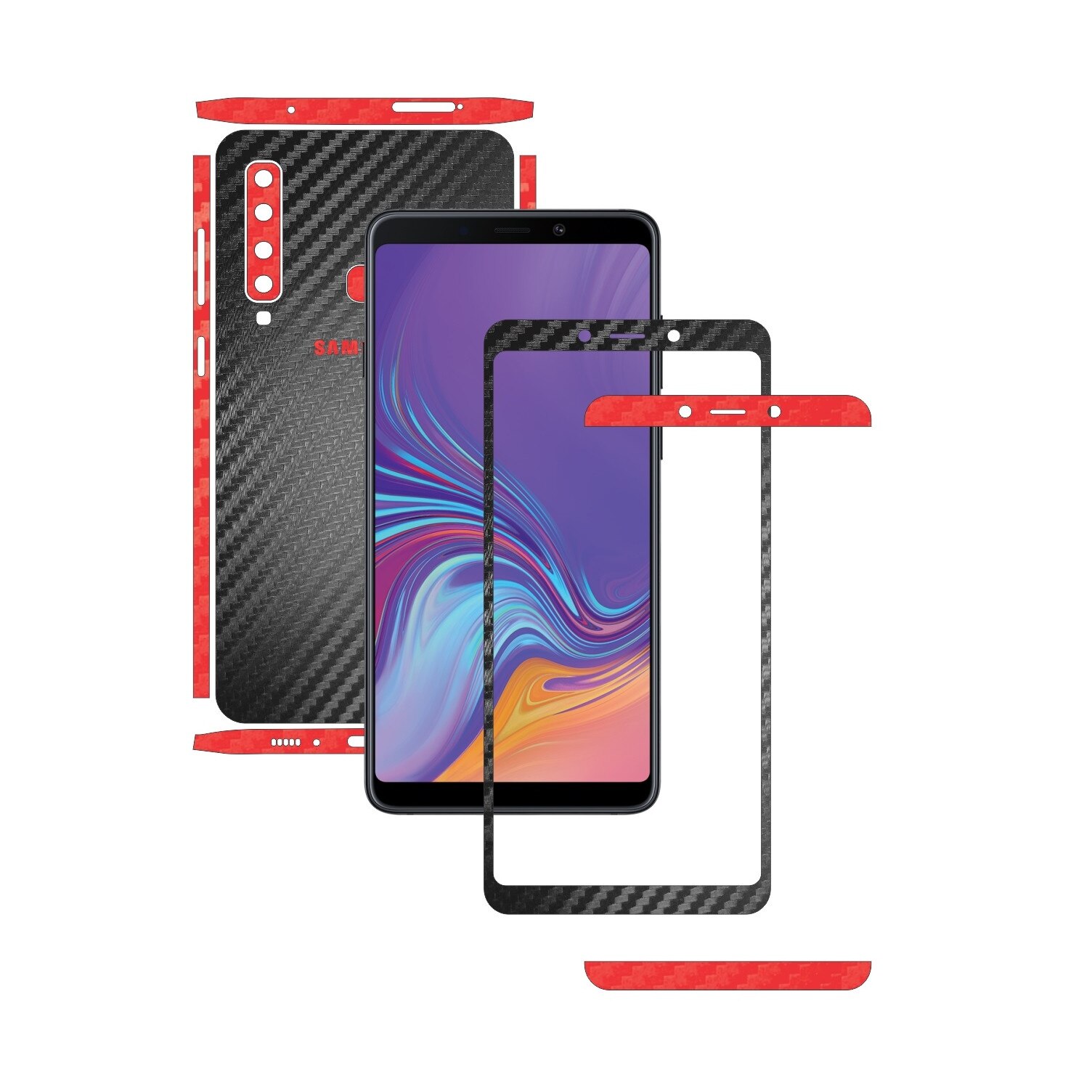 Samsung Galaxy A9 (2018) - Two Tone Negru / Rosu - Folie de protectie Carbon Skinz in Doua Culori, Skin Adeziv Full Body Cover pentru Rama Ecran,Carcasa Spate si Laterale
