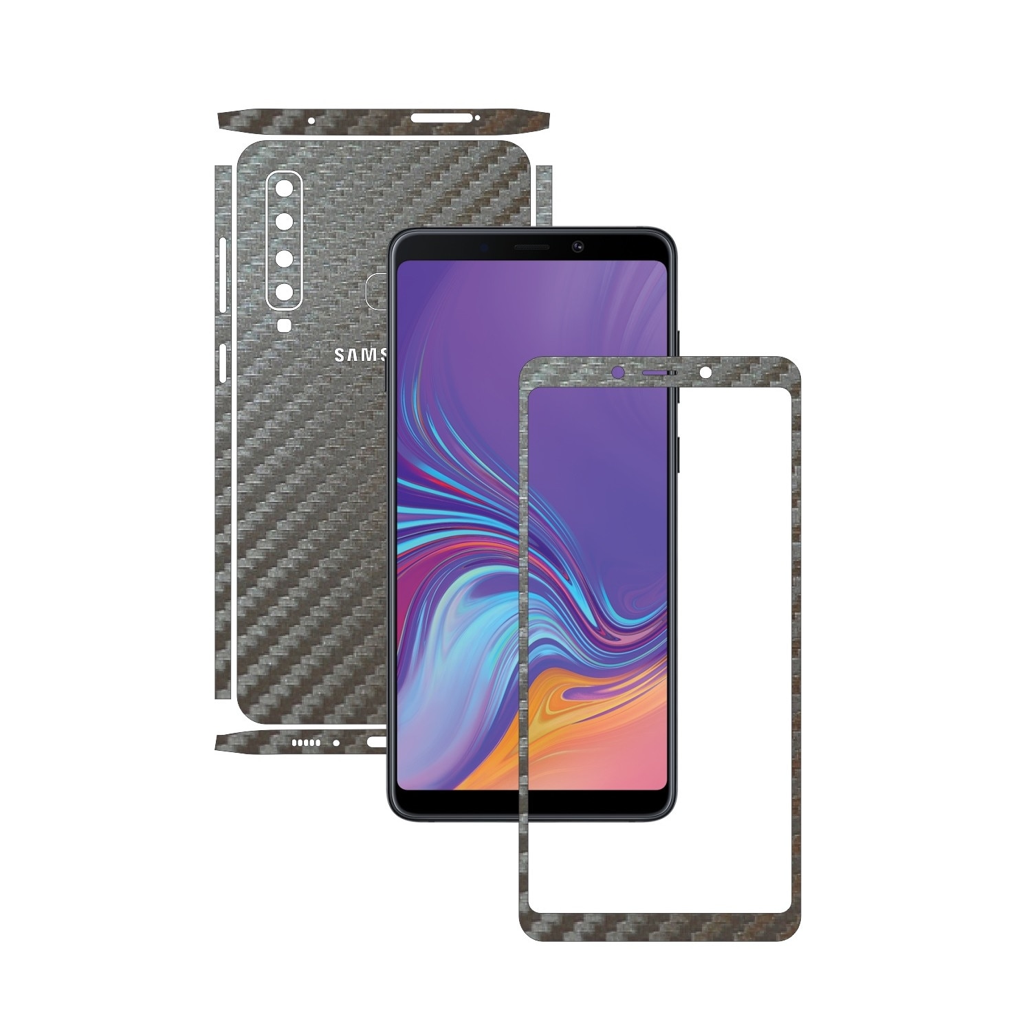 Samsung Galaxy A9 (2018) - Carbon Gri Argintiu - Split Cut - Folie de protectie Carbon Skinz, Skin Adeziv Full Body Cover pentru Rama Ecran,Carcasa Spate si Laterale