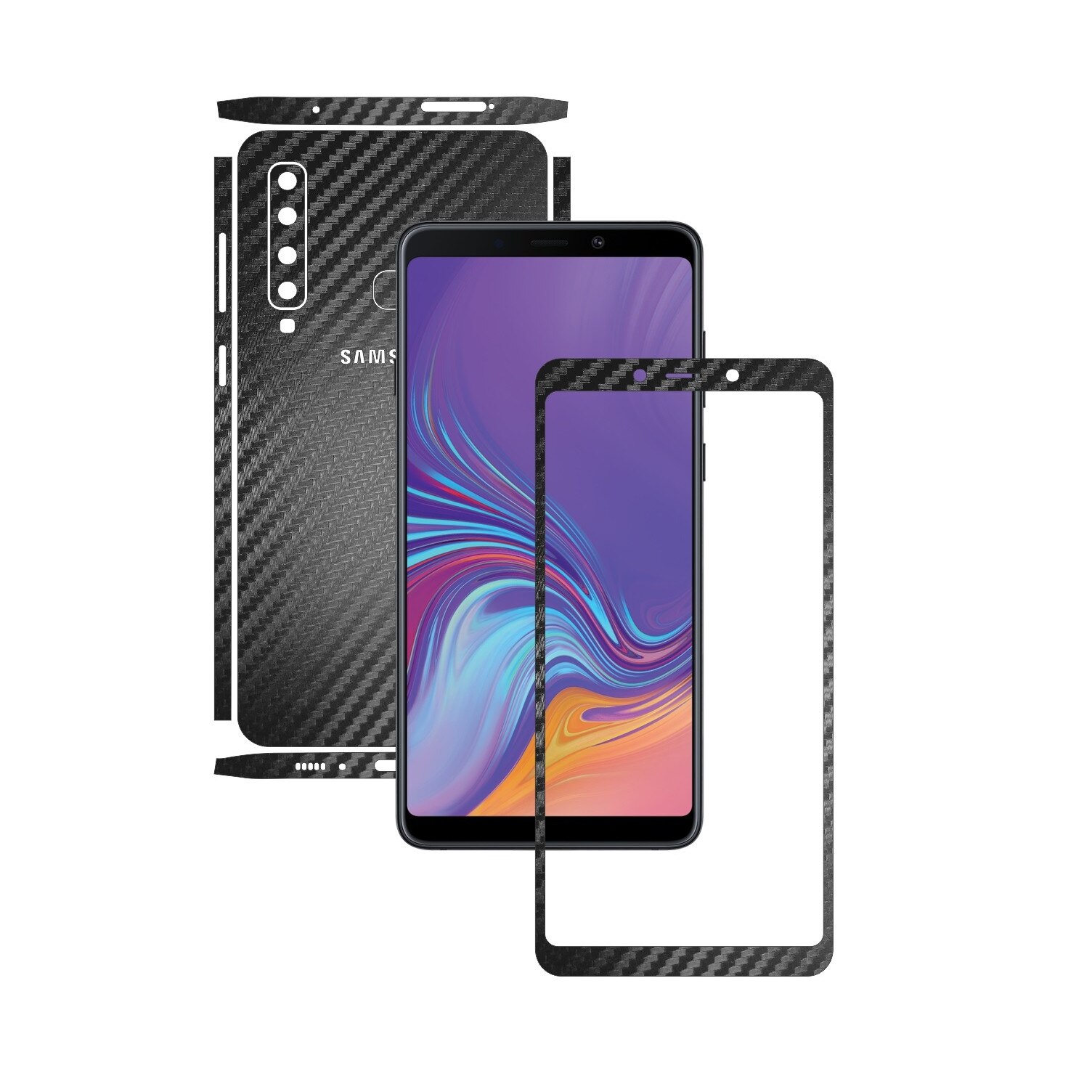 Samsung Galaxy A9 (2018) - Carbon Negru - Split Cut - Folie de protectie Carbon Skinz, Skin Adeziv Full Body Cover pentru Rama Ecran,Carcasa Spate si Laterale