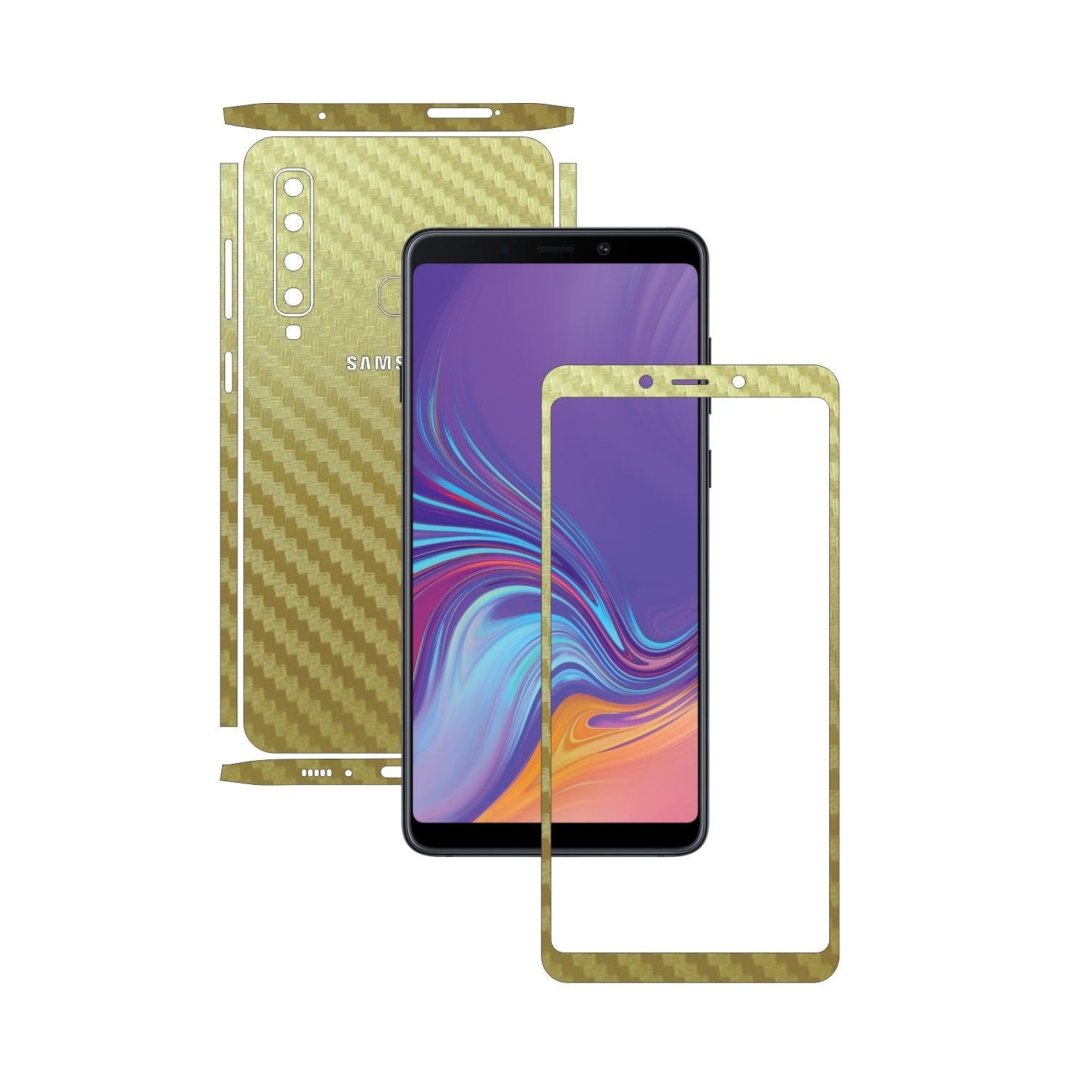 Samsung Galaxy A9 (2018) - Carbon Auriu - Split Cut - Folie de protectie Carbon Skinz, Skin Adeziv Full Body Cover pentru Rama Ecran,Carcasa Spate si Laterale