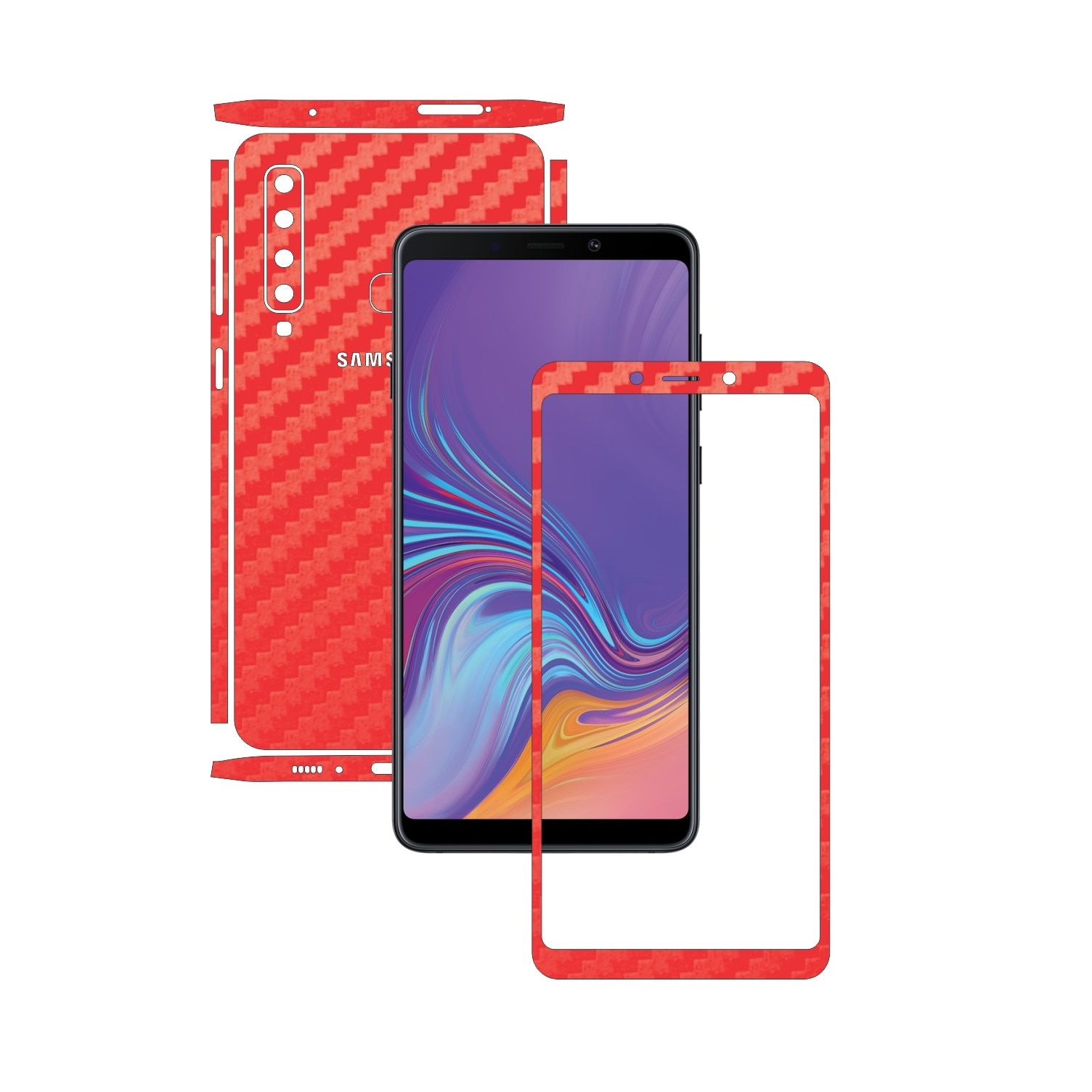 Samsung Galaxy A9 (2018) - Carbon Rosu - Split Cut - Folie de protectie Carbon Skinz, Skin Adeziv Full Body Cover pentru Rama Ecran,Carcasa Spate si Laterale