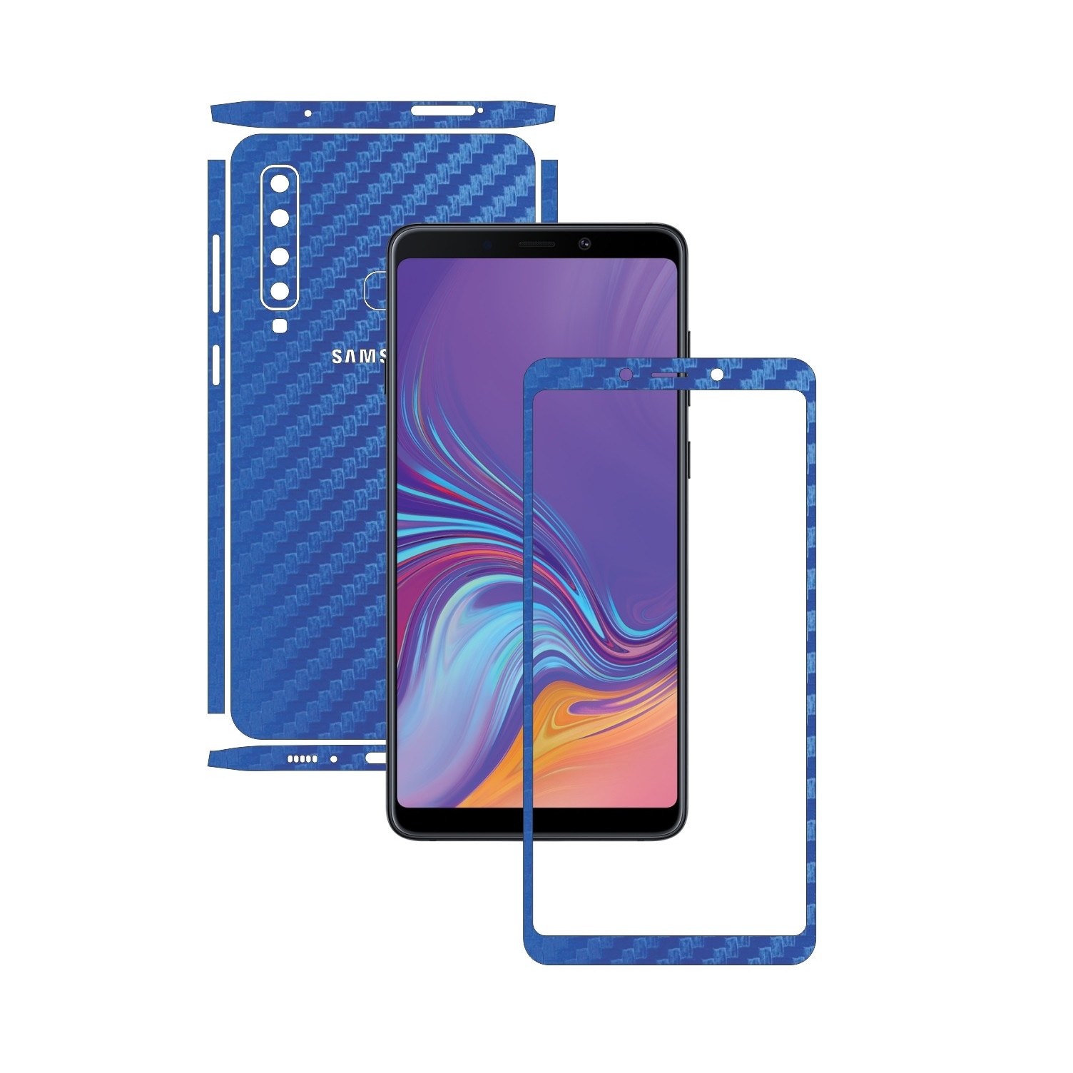 Samsung Galaxy A9 (2018) - Carbon Albastru - Split Cut - Folie de protectie Carbon Skinz, Skin Adeziv Full Body Cover pentru Rama Ecran,Carcasa Spate si Laterale