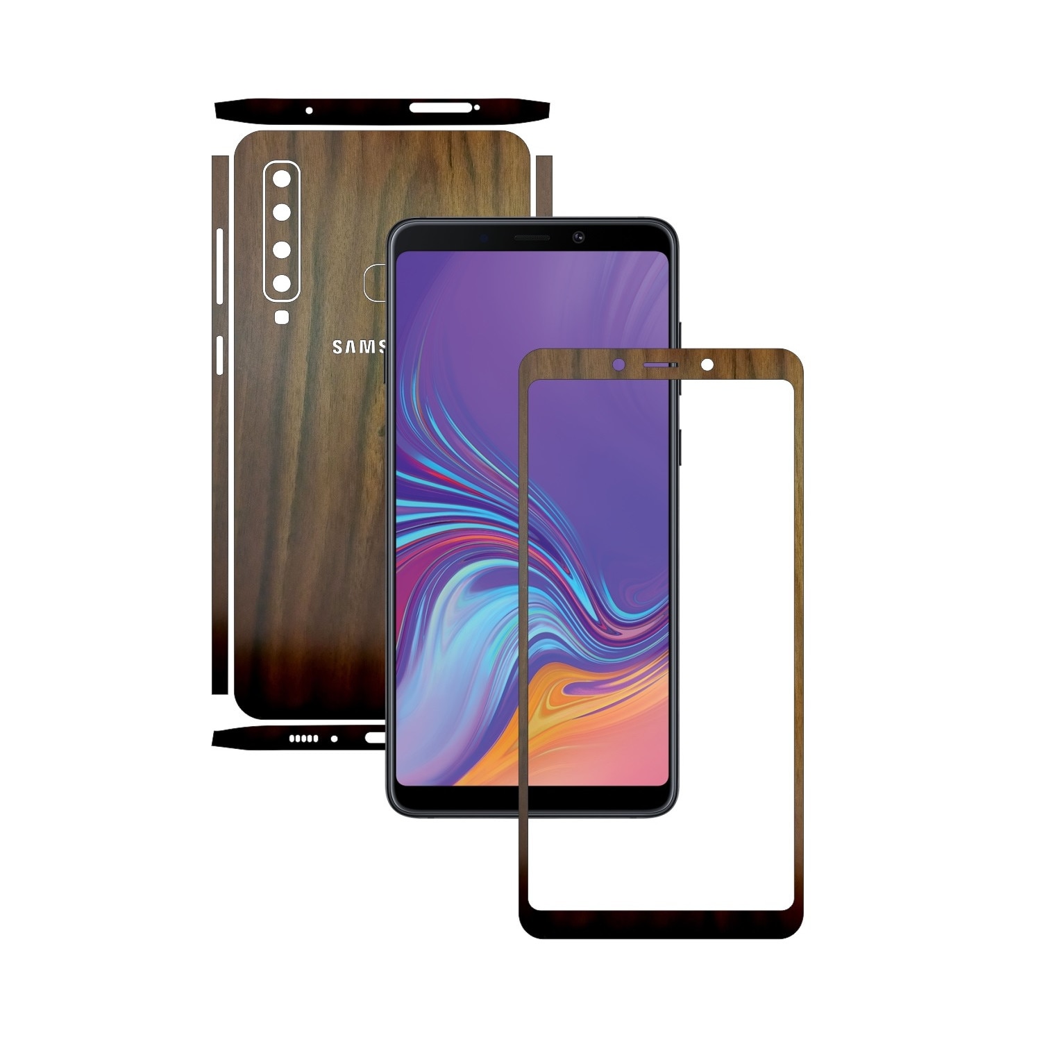 Samsung Galaxy A9 (2018) - Lemn Nuc Inchis - Split Cut - Folie de protectie Carbon Skinz, Skin Adeziv Full Body Cover pentru Rama Ecran,Carcasa Spate si Laterale