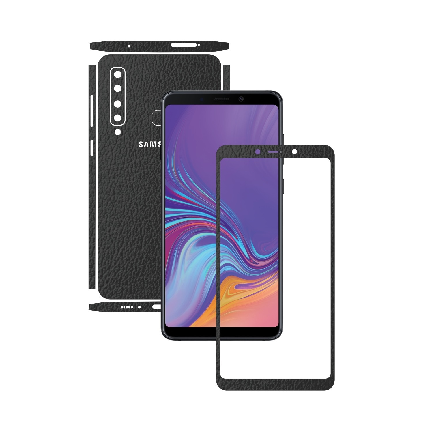 Samsung Galaxy A9 (2018) - Piele Neagra - Split Cut - Folie de protectie Carbon Skinz, Skin Adeziv Full Body Cover pentru Rama Ecran,Carcasa Spate si Laterale