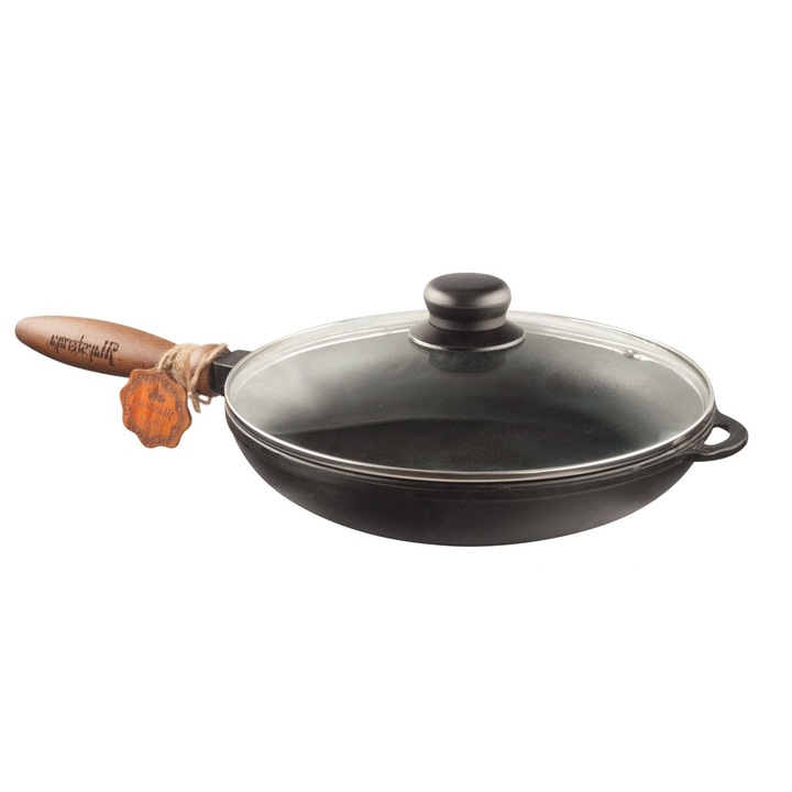 Tigaie din fonta Maysternya, cu capac sticla, maner lemn, 24 x 4 cm T302C3.