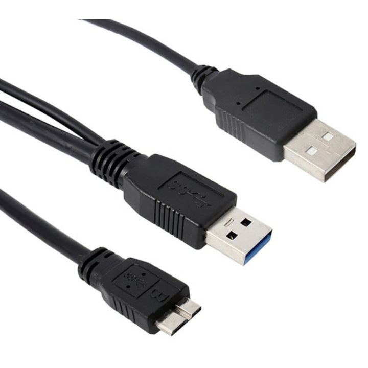 Cablu USB dual A (usb3 date + usb2 alimentare) la microUSB 3 tata, Active, pentru hard disk extern, negru