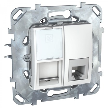 Priza date / telefon Schneider Electric, culoare alba cu rama din zamak si clesti lungi pentru fixare, 70.9 x 70.9 x 36 mm Priza date / telefon Schneider Electric, culoare alba cu rama din zamak si clesti lungi pentru fixare, 70.9 x 70.9 x 36 mm