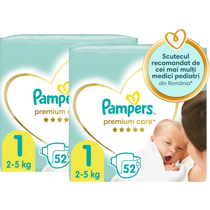 Scutece Pampers Premium Care Jumbo Pack Marimea 1, Nou Nascut, 2-5 kg, 104 buc