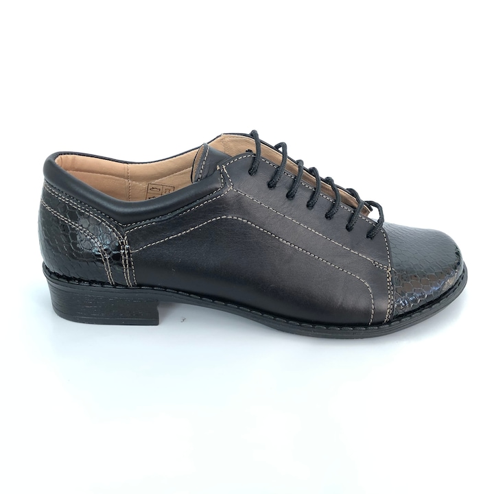 Pantofi Dama Casual cu Talpa Joasa din Piele Naturala si Siret, Mateo Shoes, Negru lucios