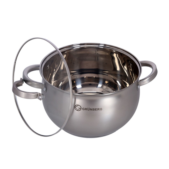 Cratita inox cu capac sticla GRUNBERG, 24 cm - 6.5 litri, argintiu