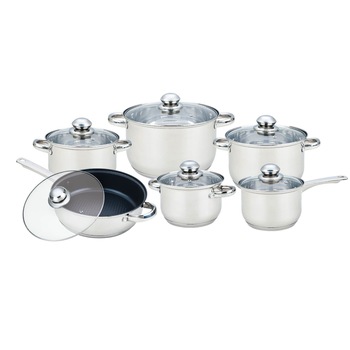 Set 12 oale din inox GRUNBERG , cu capac de sticla , Argintiu Set 12 oale din inox GRUNBERG , cu capac de sticla , Argintiu