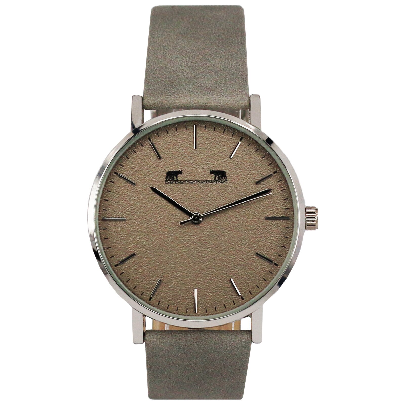 Ceas unisex elegant cu curea piele ecologica gri, cu cutie cadou, Matteo Ferari, culoare argintiu, cadran gri tip piele, cu indicatori argintii, Otel inoxidabil