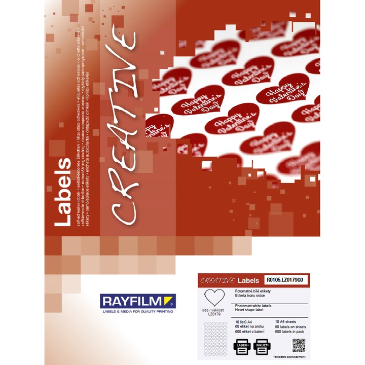 Etichete forma de inima, mat rosu 60buc/A4 uz univ 10/set Rayfilm-Creativ