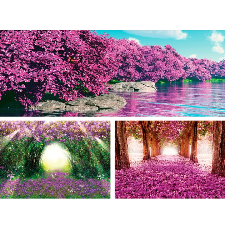 Set Tablouri DEGRETS 78647 Canvas, 55.8 x 80 cm, 3 piese (1x30x80 cm, 2x25.8x37.5 cm), Magie in mov