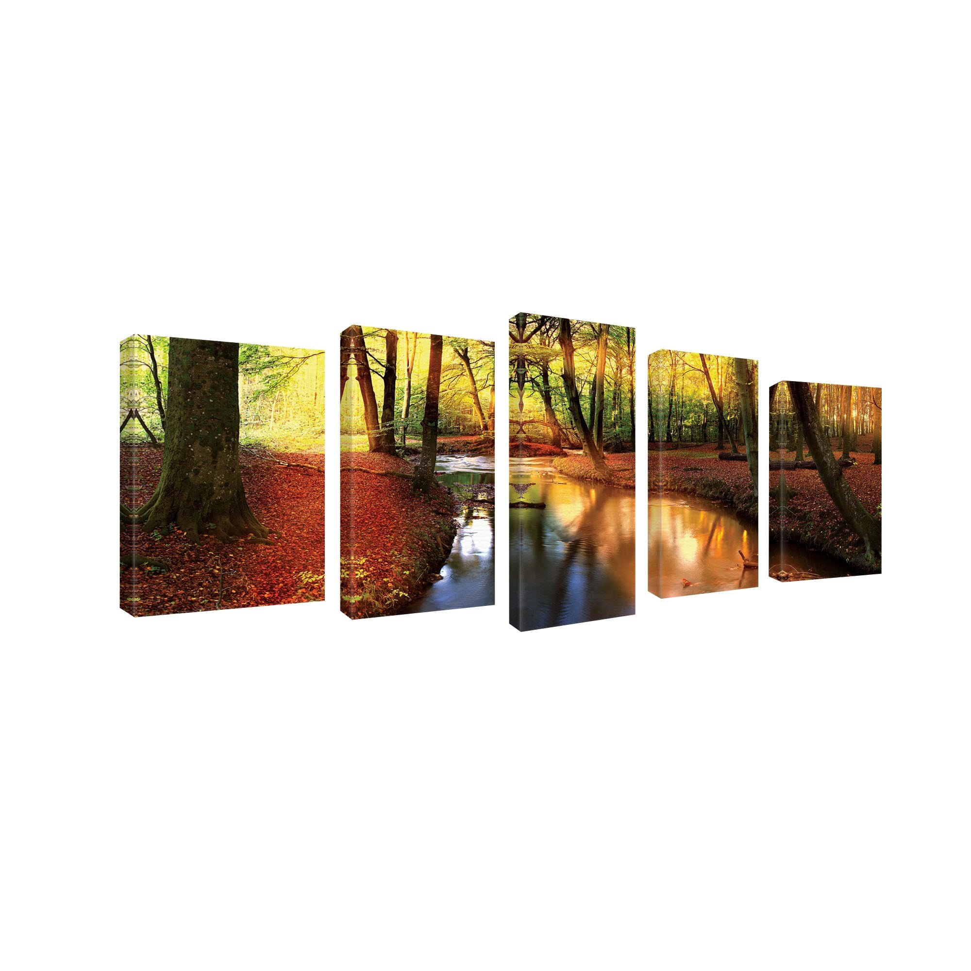 Set Tablouri DEGRETS 78658 Canvas, 50 x 120 cm, 5 piese (2x40x30 cm, 2x40x20, 1x50x20 cm), Dimineata in padure