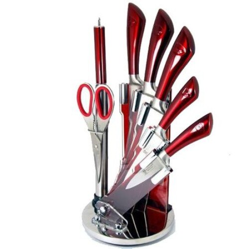 Set cutite inox Royalty Line, 7 buc. maner rosu+suport