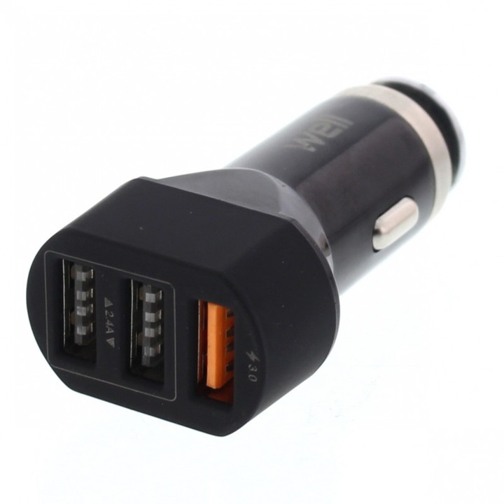 Alimentator USB Well, bricheta auto, Quick Charge, 3 iesiri, 28 W, negru