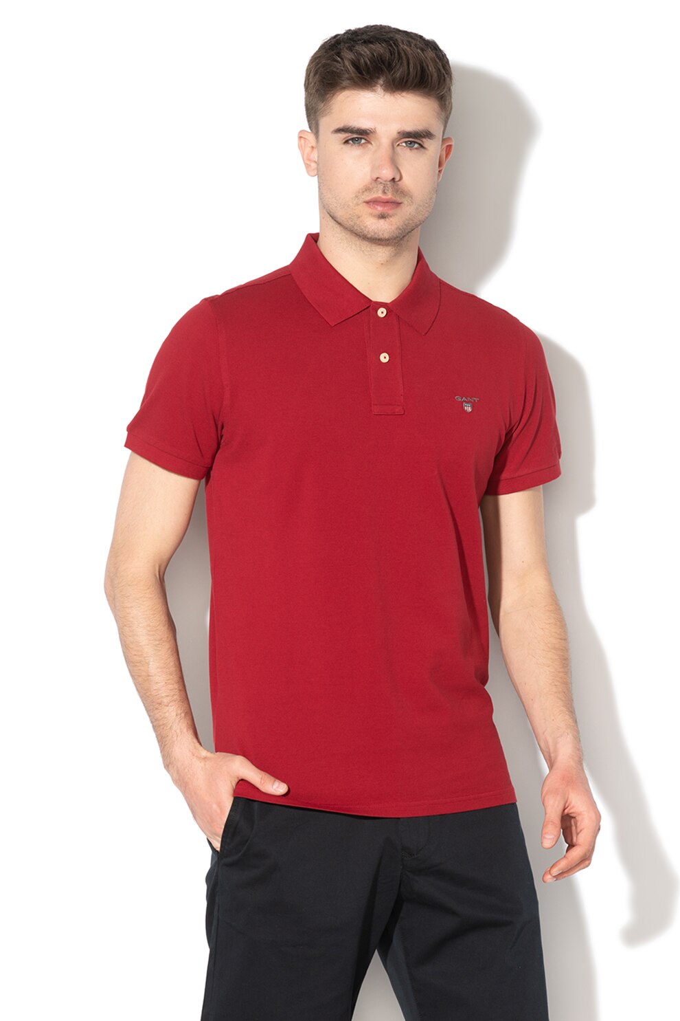 Gant, Tricou polo de bumbac cu logo brodat, Rosu inchis