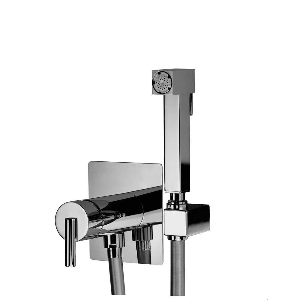 Set robinet mixer incastrat in alama Prima cu placa la perete patrata, dus igienic Namir, suport fix, tub Silver in PVC