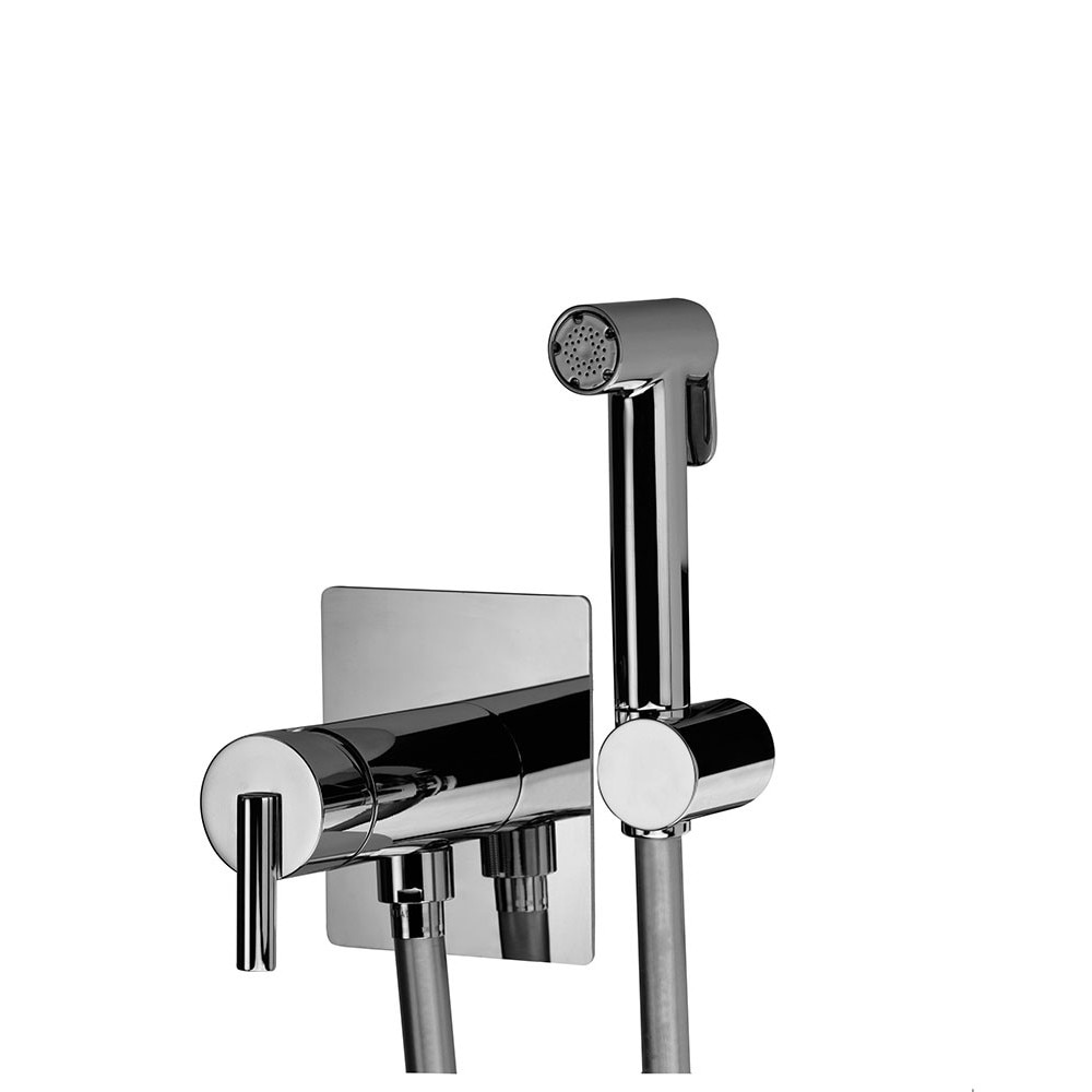 Set robinet mixer incastrat in alama Prima cu placa patrata la perete, dus igienic Stella, suport fix, tub Silver in PVC