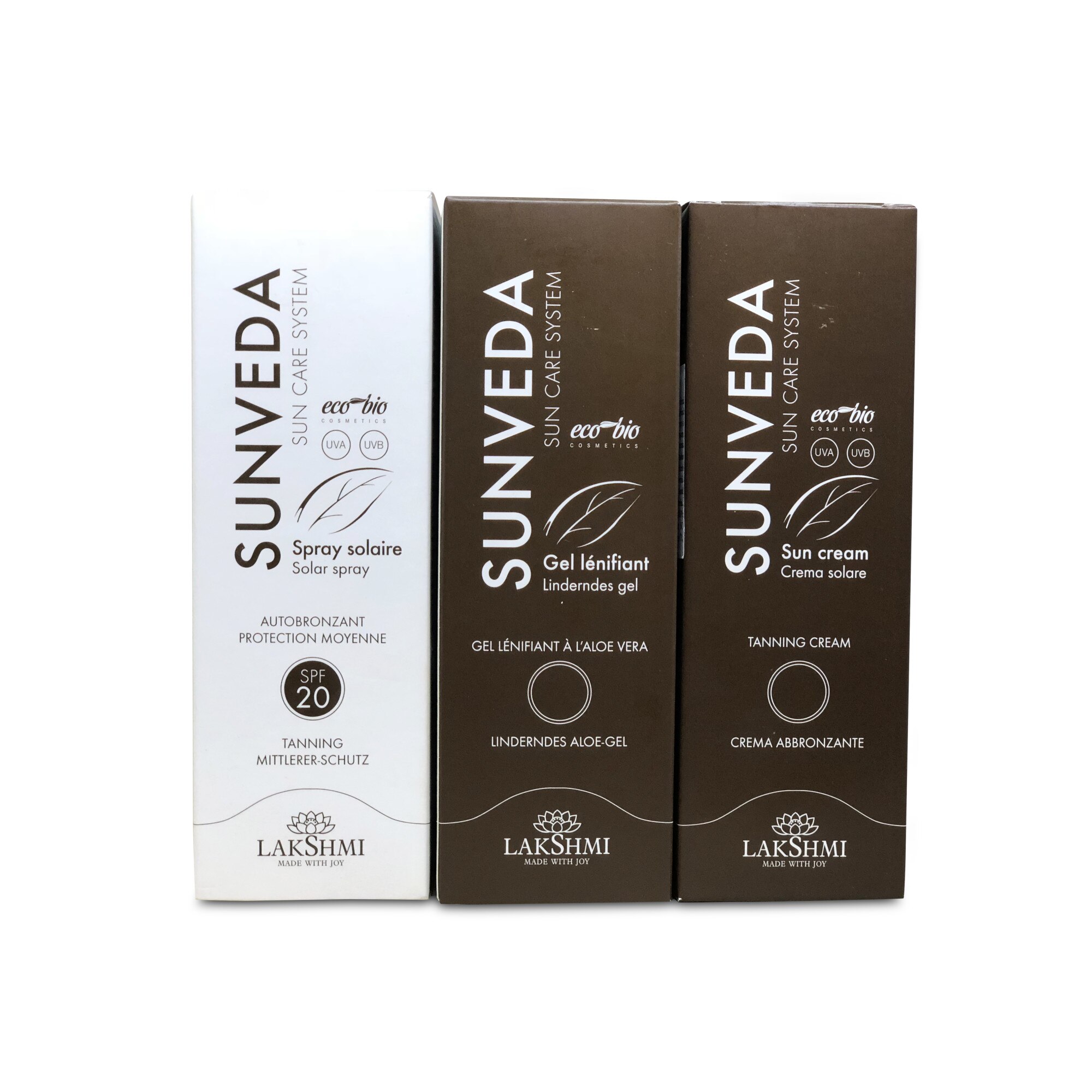 Pachet 3 produse protectie solara, Lakshmi, crema accelerator bronzare, gelul cu aloe vera post bronzare si spray cu protectie 20spf