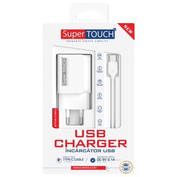 Incarcator de priza cu cablu Type-C DC 5V 2.1A Super TOUCH, alb Incarcator de priza cu cablu Type-C DC 5V 2.1A Super TOUCH, alb
