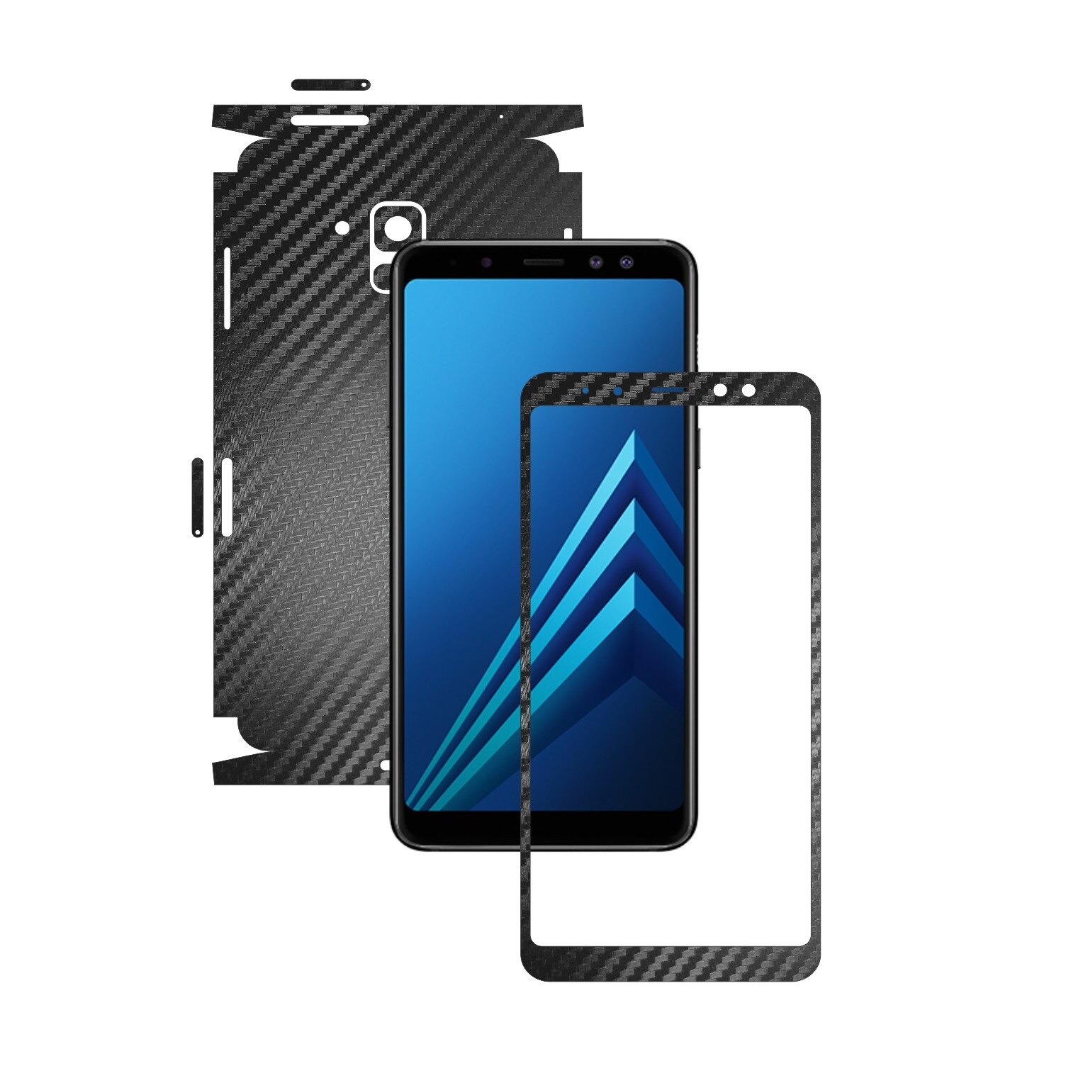 Samsung Galaxy A8+ Plus (2018) - Carbon Negru - 360 Cut - Folie de protectie Carbon Skinz, Skin Adeziv Full Body Cover pentru Rama Ecran,Carcasa Spate si Laterale