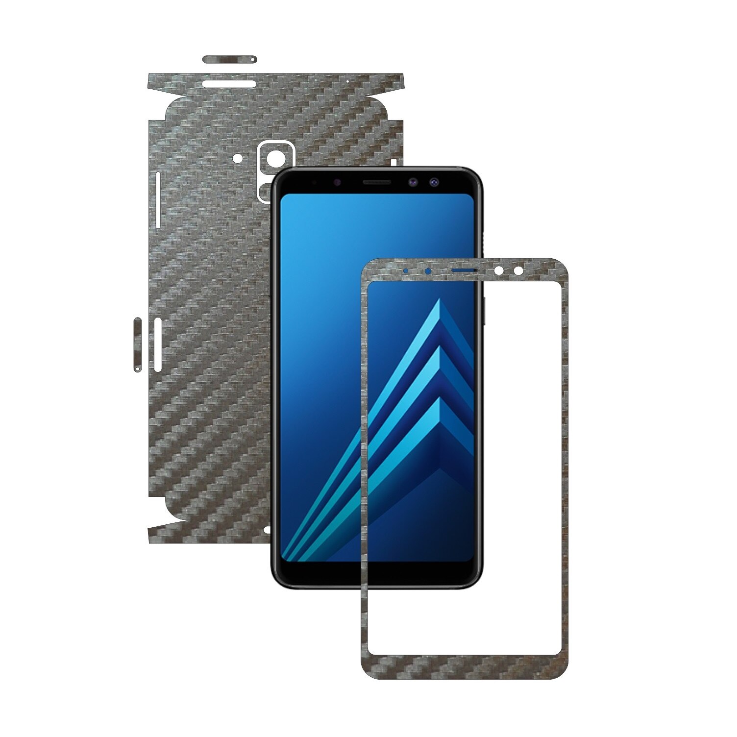 Samsung Galaxy A8+ Plus (2018) - Carbon Gri Argintiu - 360 Cut - Folie de protectie Carbon Skinz, Skin Adeziv Full Body Cover pentru Rama Ecran,Carcasa Spate si Laterale