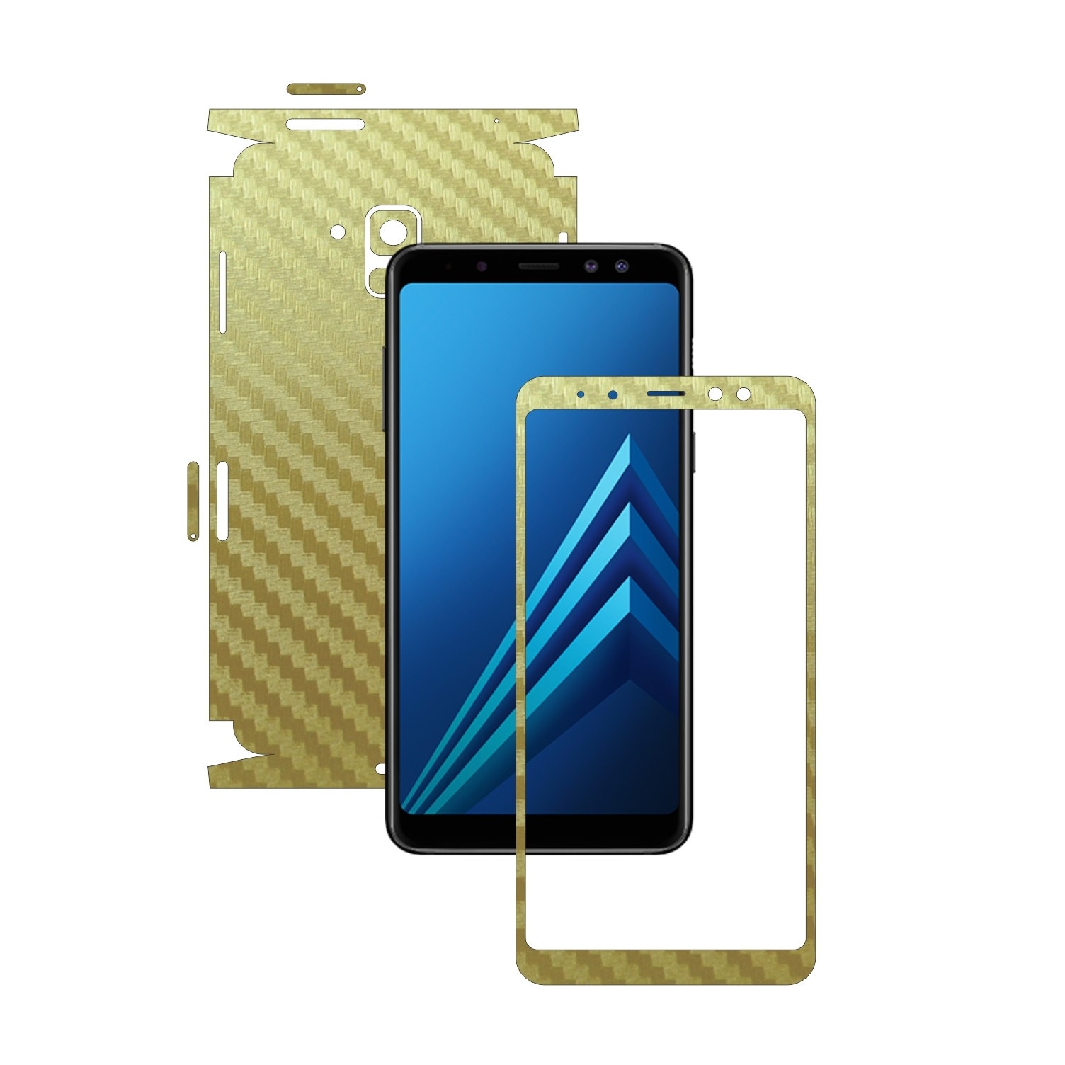 Samsung Galaxy A8+ Plus (2018) - Carbon Auriu - 360 Cut - Folie de protectie Carbon Skinz, Skin Adeziv Full Body Cover pentru Rama Ecran,Carcasa Spate si Laterale