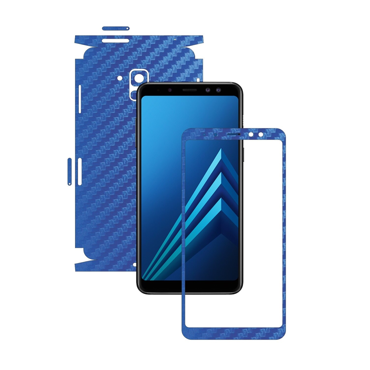 Samsung Galaxy A8+ Plus (2018) - Carbon Albastru - 360 Cut - Folie de protectie Carbon Skinz, Skin Adeziv Full Body Cover pentru Rama Ecran,Carcasa Spate si Laterale