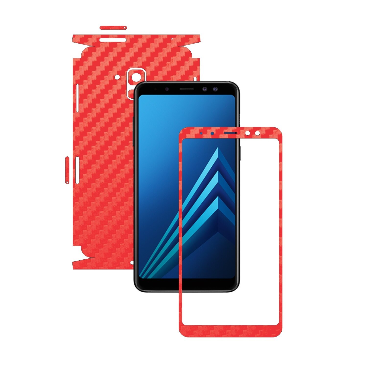 Samsung Galaxy A8+ Plus (2018) - Carbon Rosu - 360 Cut - Folie de protectie Carbon Skinz, Skin Adeziv Full Body Cover pentru Rama Ecran,Carcasa Spate si Laterale