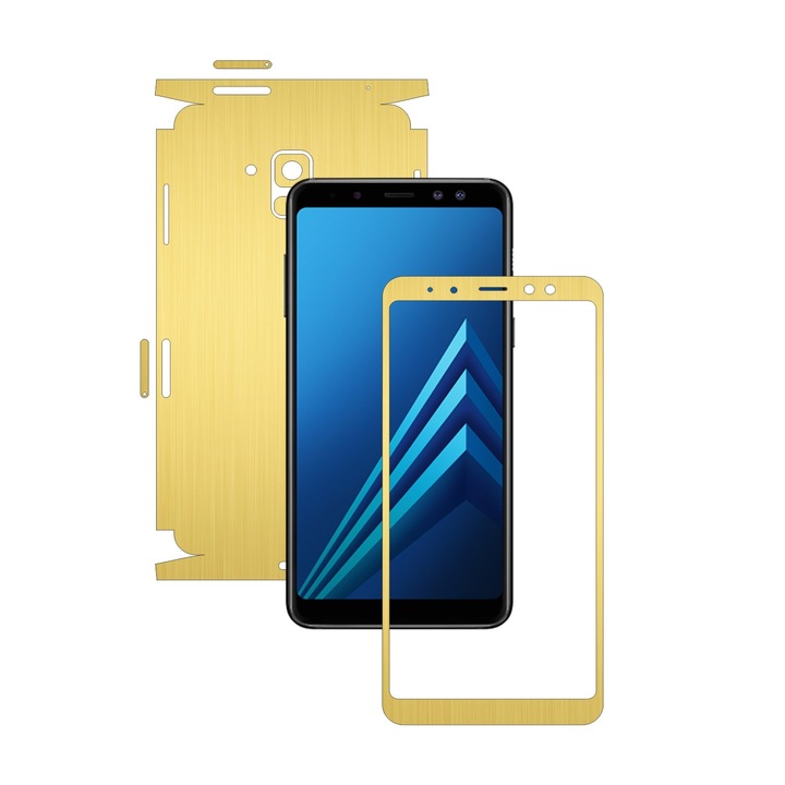 Samsung Galaxy A8+ Plus (2018) – szálcsiszolt arany – 360 fokos vágás – Carbon Skinz védőfólia, teljes testet fedő tapadó bőr képernyőkerethez, hát- és oldaltokhoz