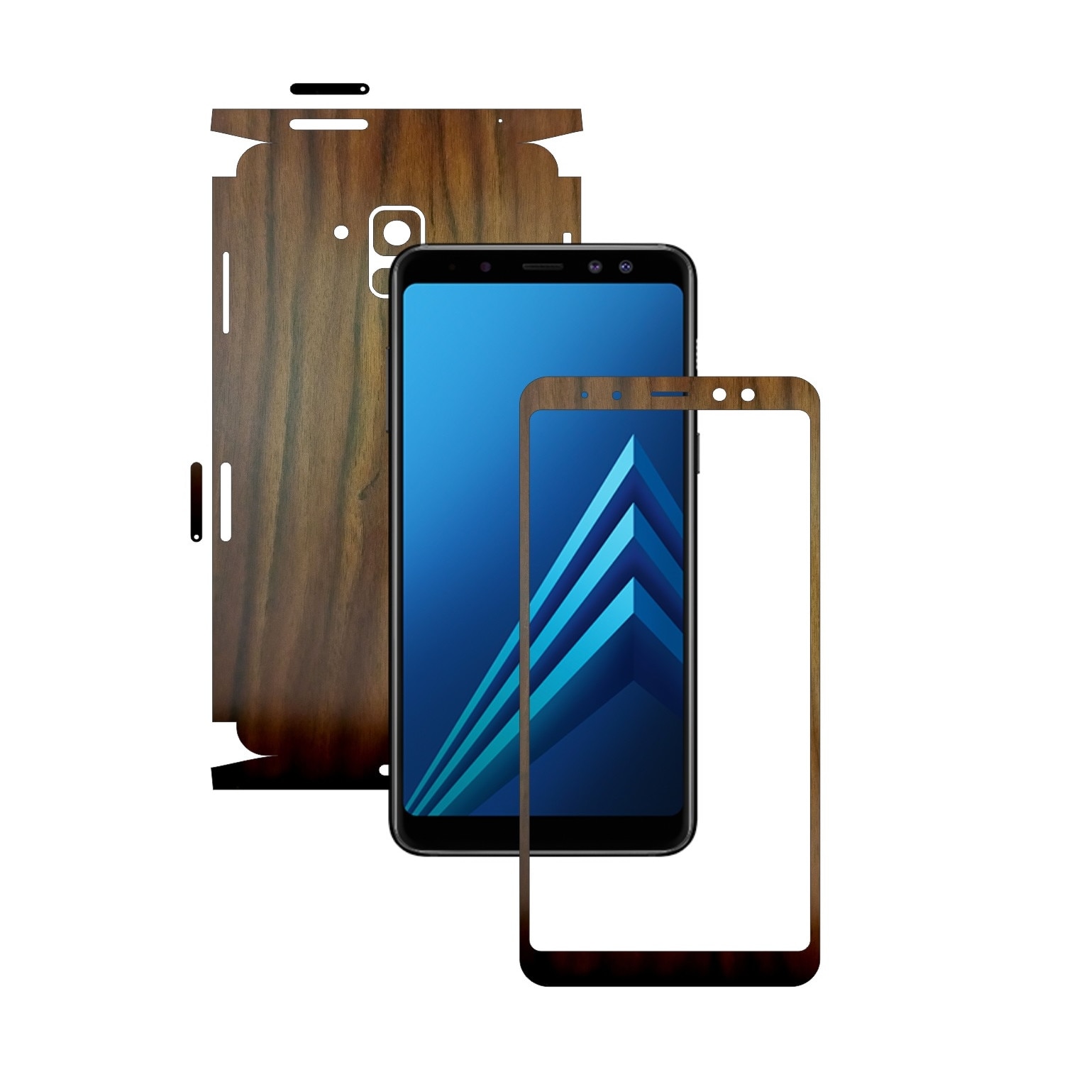 Samsung Galaxy A8+ Plus (2018) - Lemn Nuc Inchis - 360 Cut - Folie de protectie Carbon Skinz, Skin Adeziv Full Body Cover pentru Rama Ecran,Carcasa Spate si Laterale