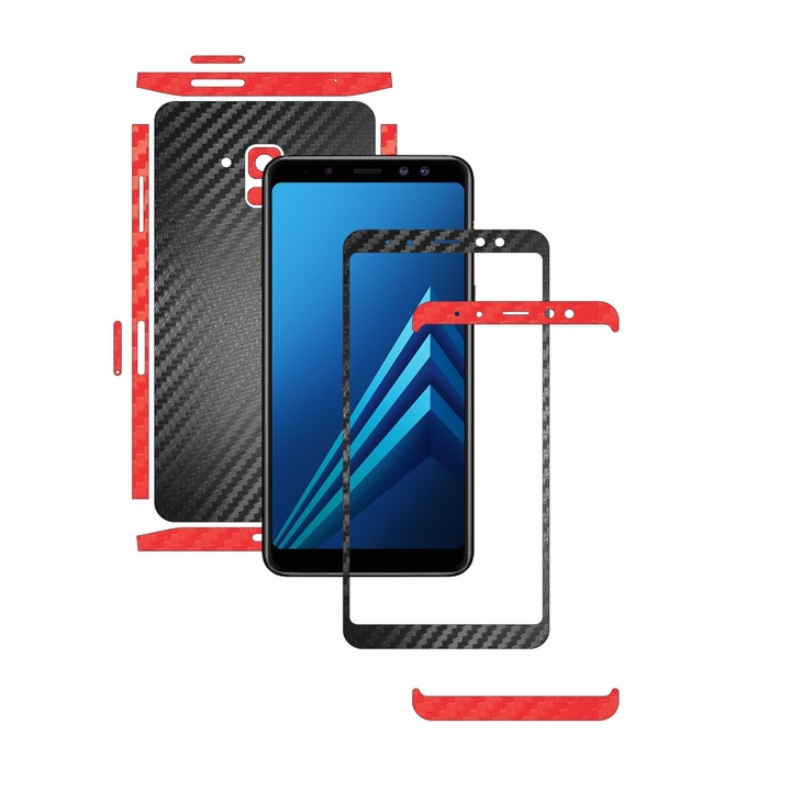 Samsung Galaxy A8+ Plus (2018) – két tónusú fekete/piros – Carbon Skinz védőfólia két színben, teljes testet fedő tapadós bőr a képernyőkerethez, hát- és oldaltokokhoz