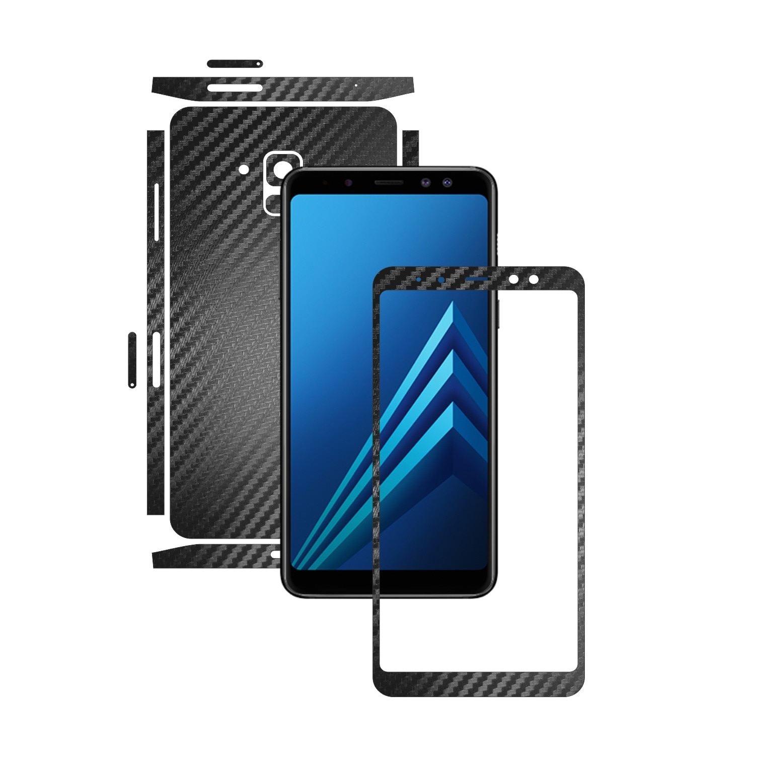 Samsung Galaxy A8+ Plus (2018) - Carbon Negru - Split Cut - Folie de protectie Carbon Skinz, Skin Adeziv Full Body Cover pentru Rama Ecran,Carcasa Spate si Laterale