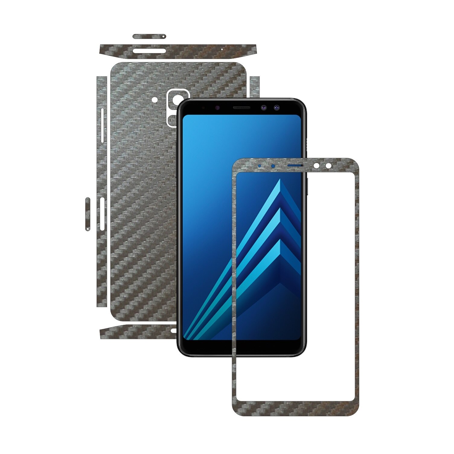 Samsung Galaxy A8+ Plus (2018) - Carbon Gri Argintiu - Split Cut - Folie de protectie Carbon Skinz, Skin Adeziv Full Body Cover pentru Rama Ecran,Carcasa Spate si Laterale