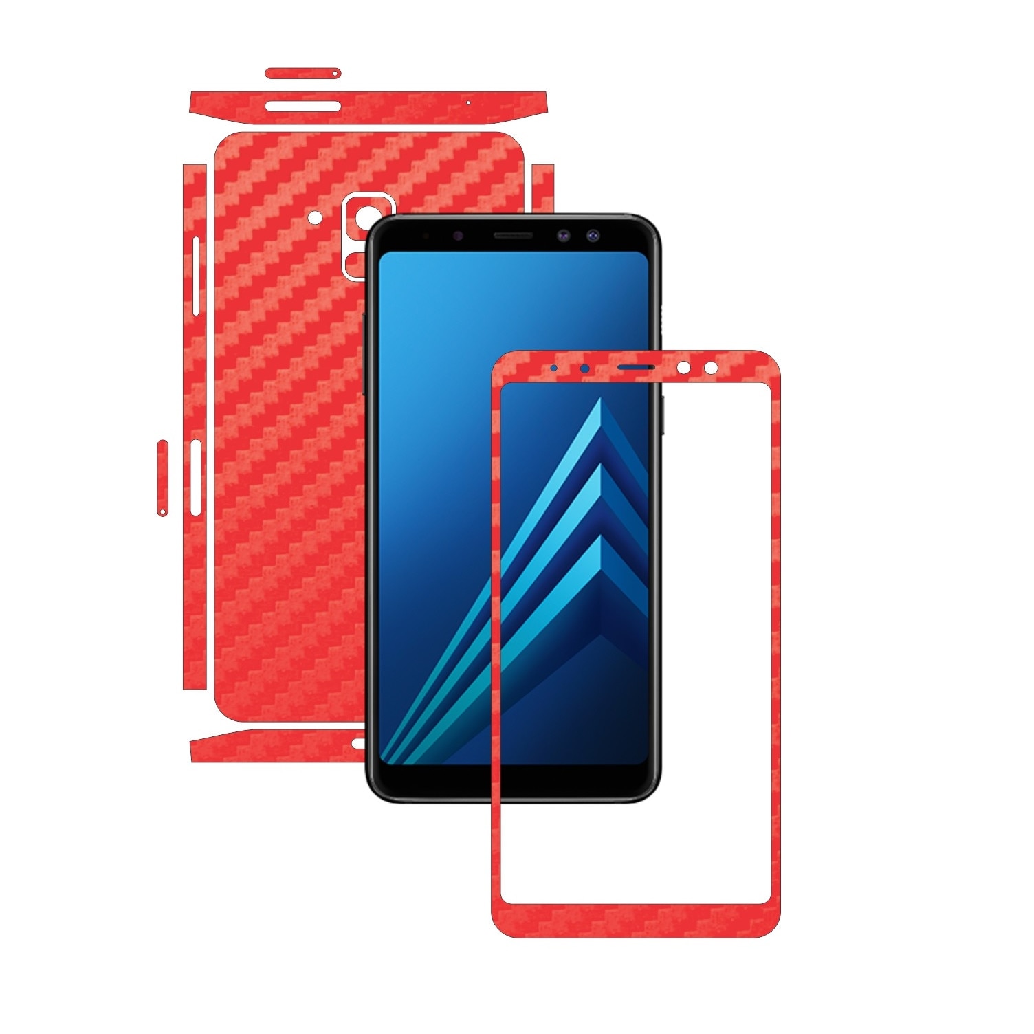 Samsung Galaxy A8+ Plus (2018) - Carbon Rosu - Split Cut - Folie de protectie Carbon Skinz, Skin Adeziv Full Body Cover pentru Rama Ecran,Carcasa Spate si Laterale