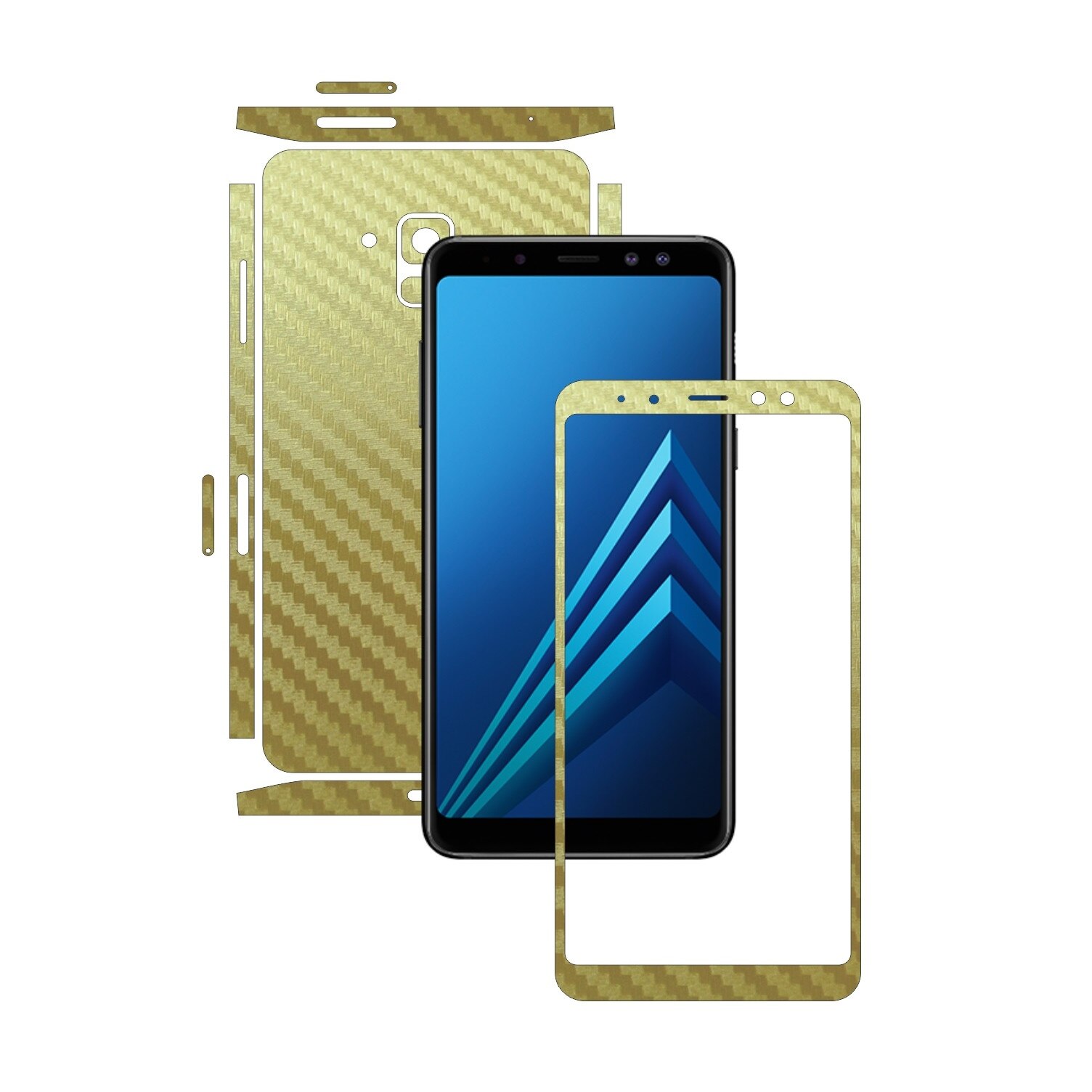Samsung Galaxy A8+ Plus (2018) - Carbon Auriu - Split Cut - Folie de protectie Carbon Skinz, Skin Adeziv Full Body Cover pentru Rama Ecran,Carcasa Spate si Laterale