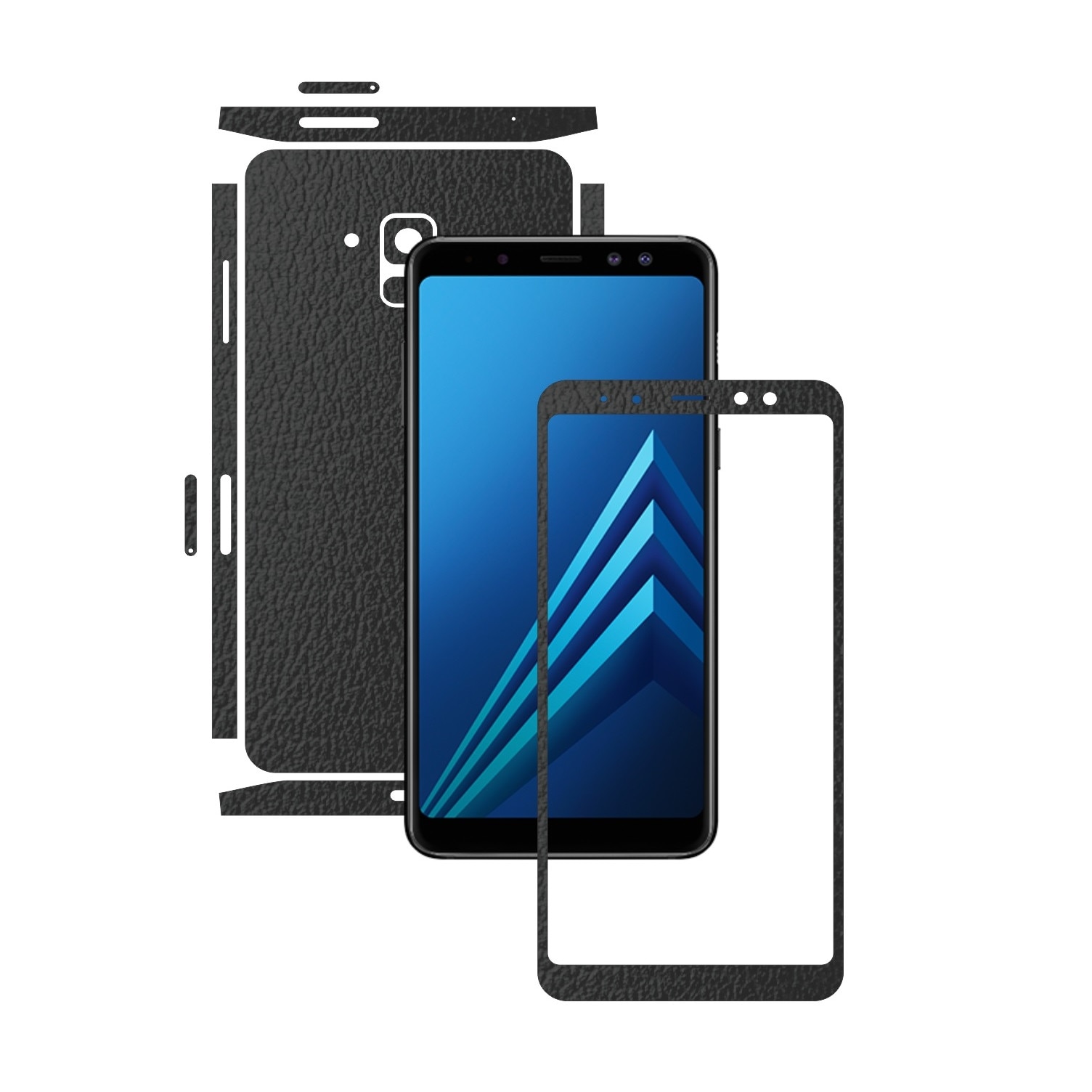 Samsung Galaxy A8+ Plus (2018) - Piele Neagra - Split Cut - Folie de protectie Carbon Skinz, Skin Adeziv Full Body Cover pentru Rama Ecran,Carcasa Spate si Laterale