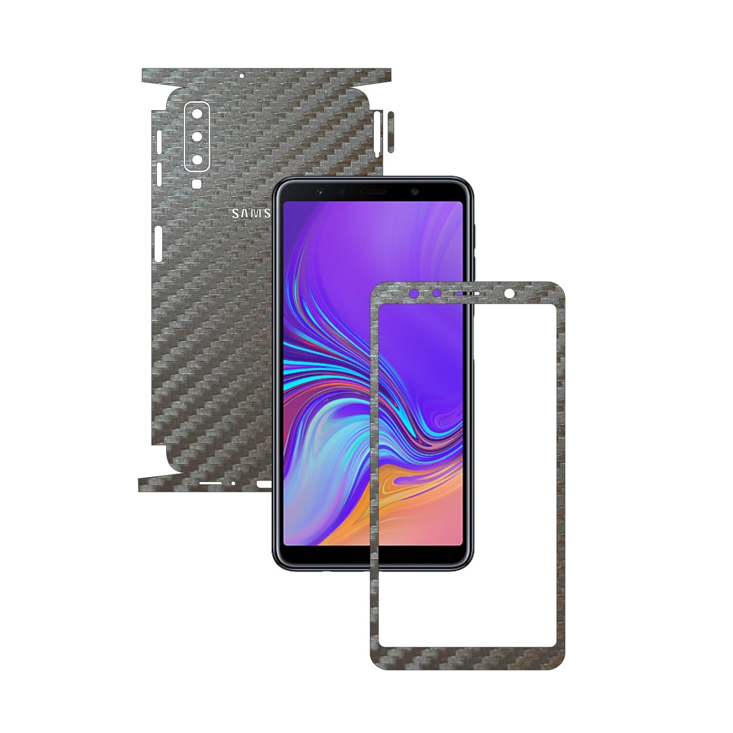 Samsung Galaxy A7 (2018) - Carbon Gri Argintiu - 360 Cut - Folie de protectie Carbon Skinz, Skin Adeziv Full Body Cover pentru Rama Ecran,Carcasa Spate si Laterale