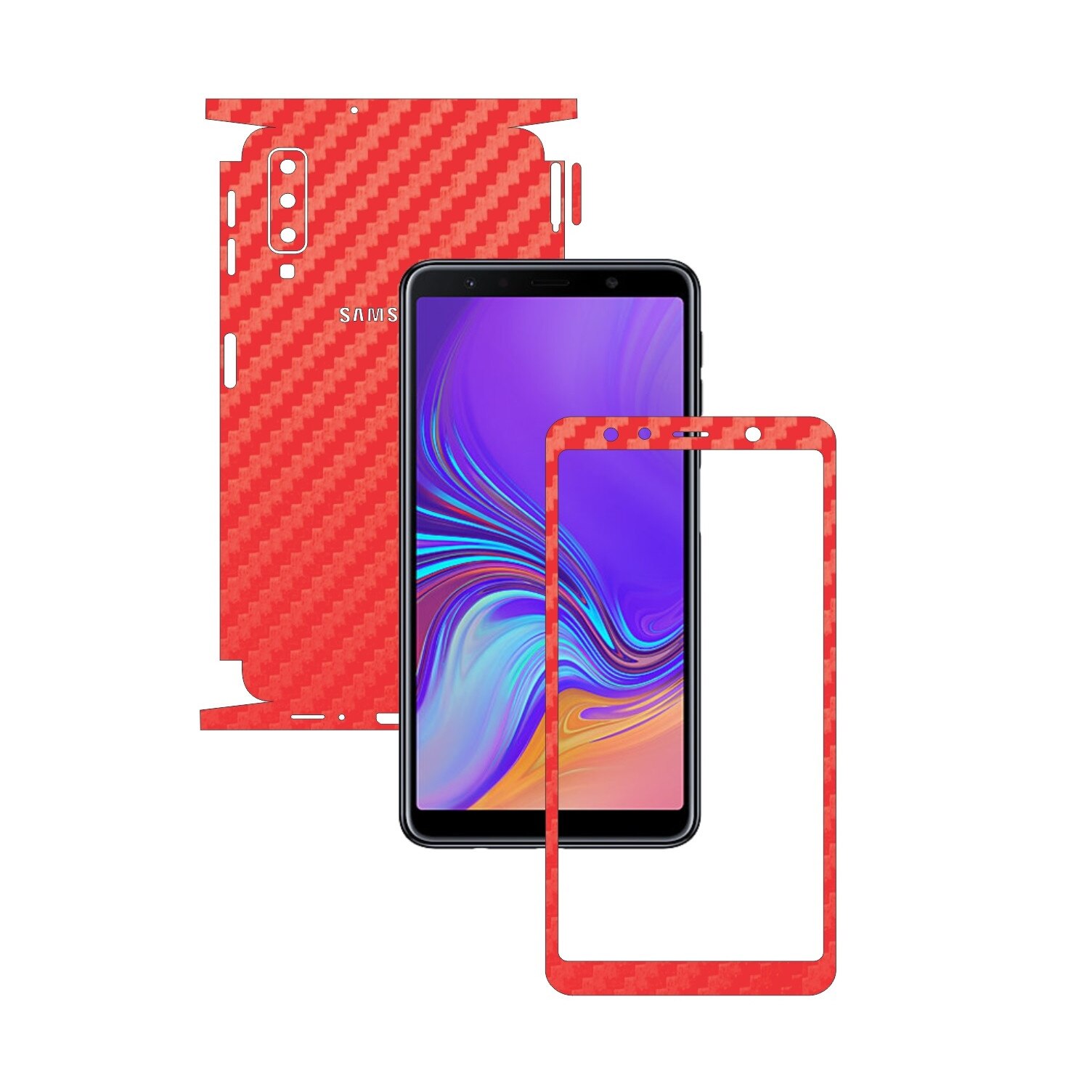Samsung Galaxy A7 (2018) - Carbon Rosu - 360 Cut - Folie de protectie Carbon Skinz, Skin Adeziv Full Body Cover pentru Rama Ecran,Carcasa Spate si Laterale